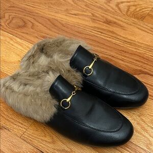 Designer Inspired Black Leather Loafers with Fur Trim